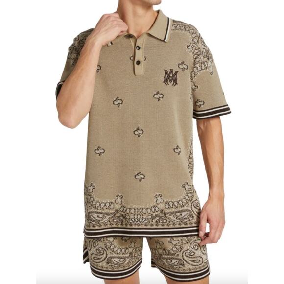 Amiri Bandana Cotton Cashmere Blend Matching Set Tan Brown Polo Shorts Size XXL - Picture 2 of 16